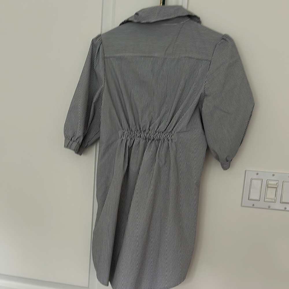 White and Blue Buttoned Mini Dress with Puff Sleeves - Picture 3 of 3